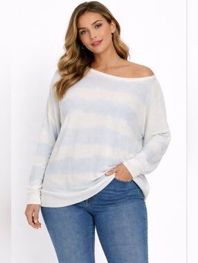 Barefoot Dreams Cozy Chic Ultra Lite Watercolor Boatneck Pullover Cloud Blue 2X